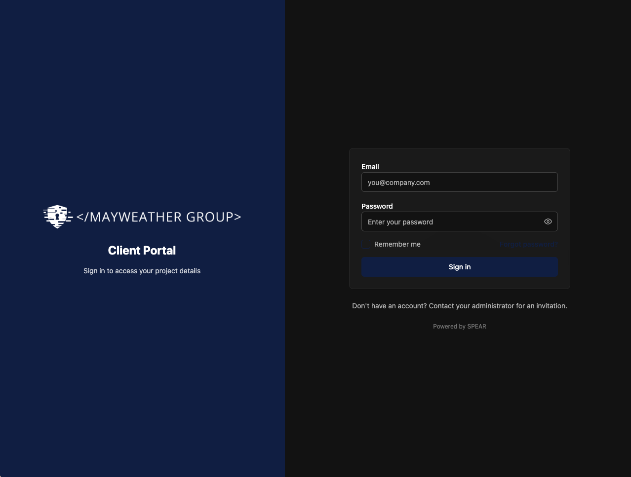 SPEAR white-labeled client portal login